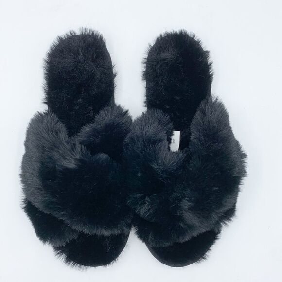 Lauren Conrad Black Fuzzy Criss-Cross Open Toe Slip-On Slipper NWOT‎ Sm 6-7 - Picture 2 of 8